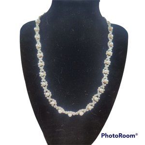 gold necklace with faux pearls surrounded by clear gems/rhinestones EUC